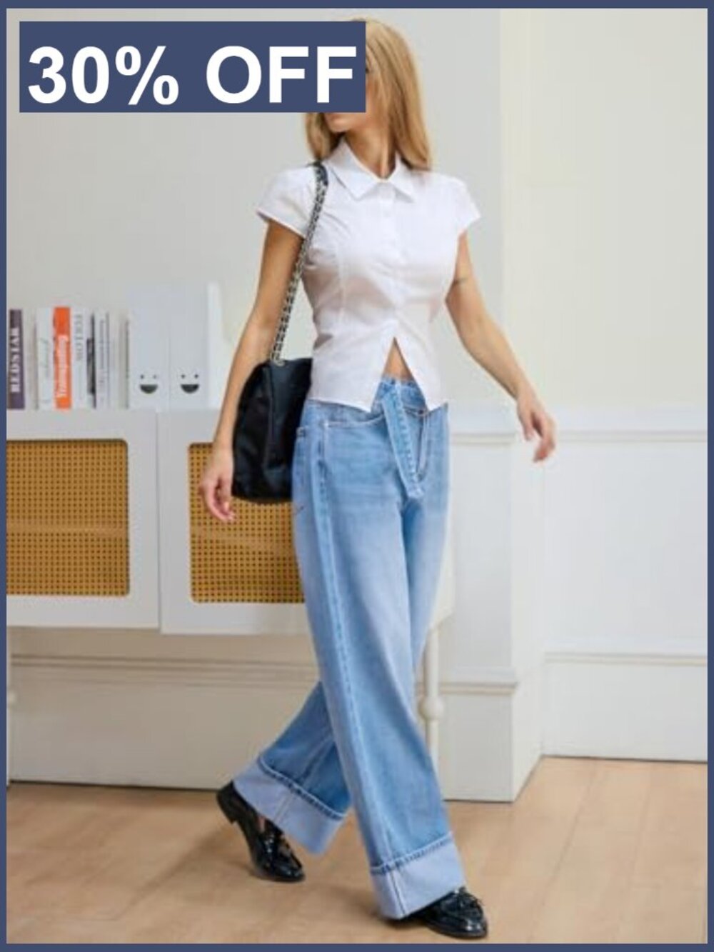 High Waisted Wide Leg Cuffed Denim Jeans with Belted Detail - Picture 2 of 7